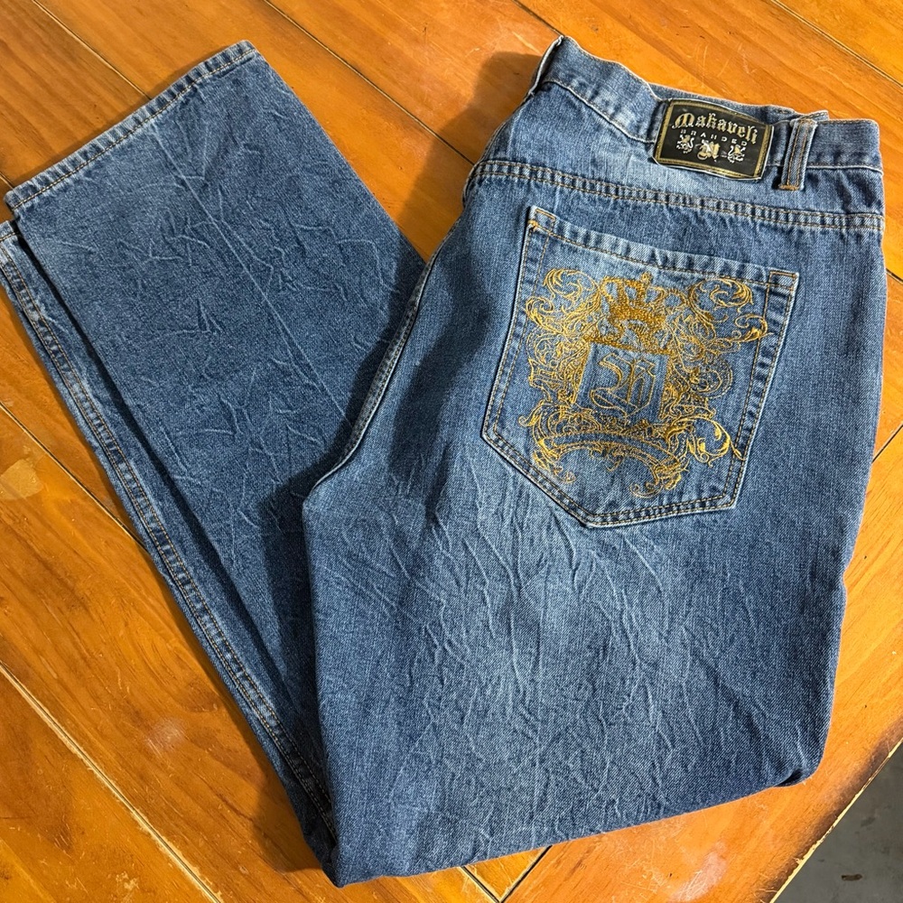 Makaveli Branded Jeans Mens Size 42 Blue Denim Hip Hop Embroidered Straight Leg